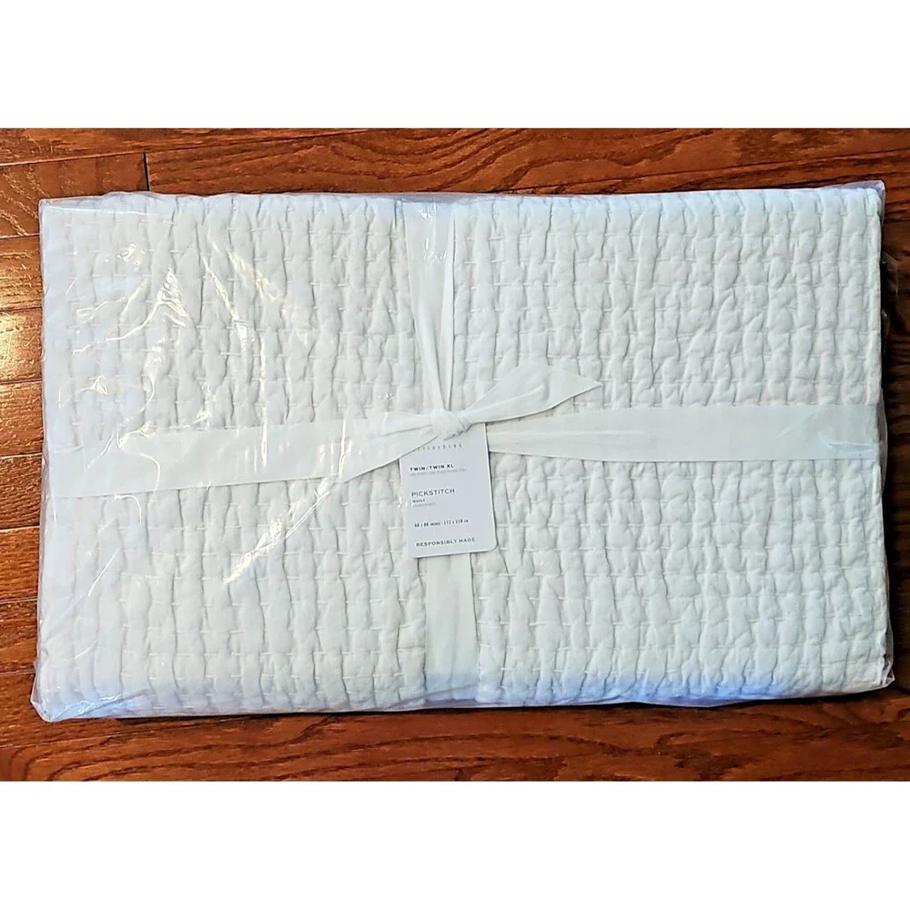 Pottery Barn Pick Stitch Handcrafted Cotton Linen Quilt Twin Twin XL Soft White